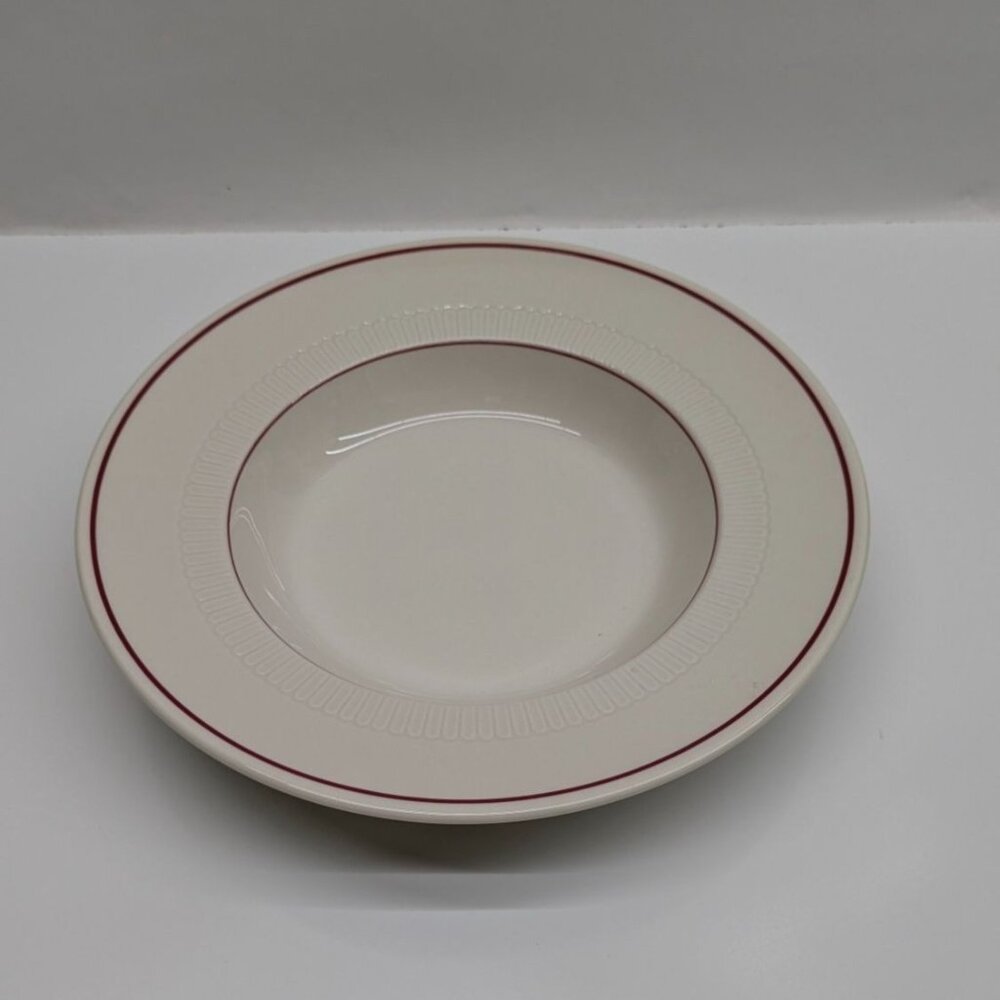 Syracuse China White Ceramic Bowl Burgundy Trim 9.25" USA Vintage Restaurant War